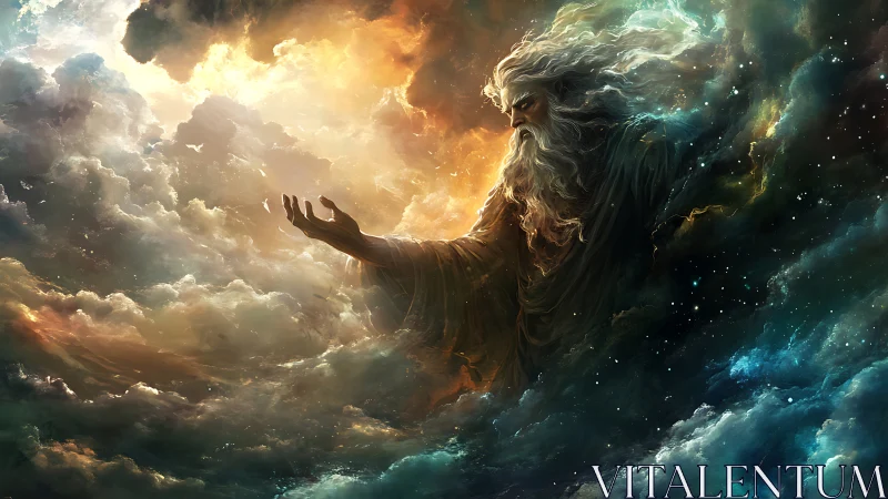 Celestial elder summons storms in a newborn cosmic sky.