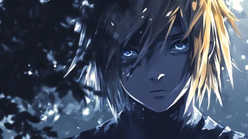 Storm-lit anime boy gazes ahead with haunting blue eyes