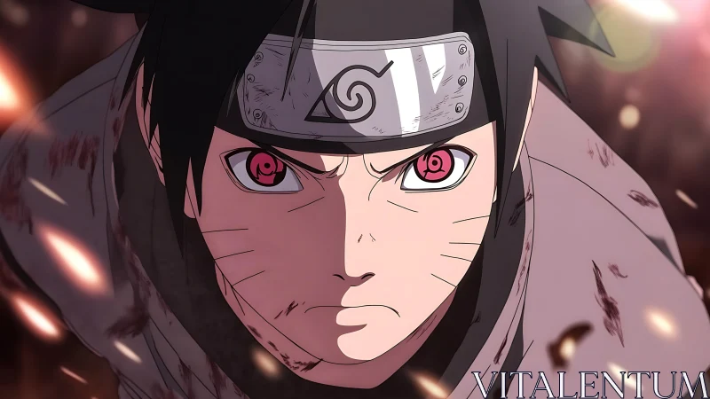 Fiery ninja gaze racing through swirling sparks of battle.