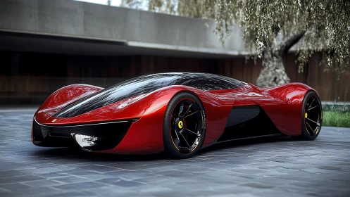 Crimson hypercar sculpture glides low against modern villa.