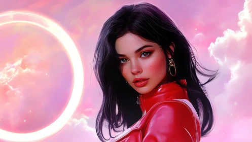 Digital portrait in neon dusk sky with luminous halo ring.