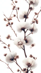 Delicate Cotton Blooms and Seed Pods on Branches