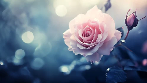 Soft pink rose with delicate buds against dreamy bokeh background.