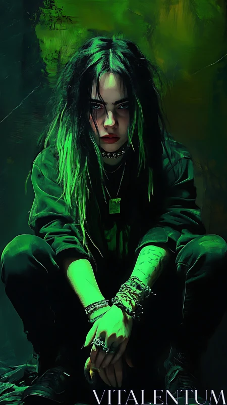 Moody green-lit portrait of crouching punk figure in layered chains