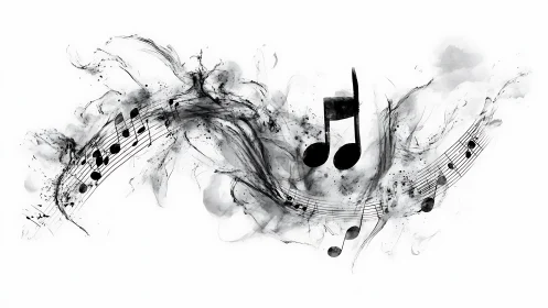 Black musical notes swirl through abstract ink waves.