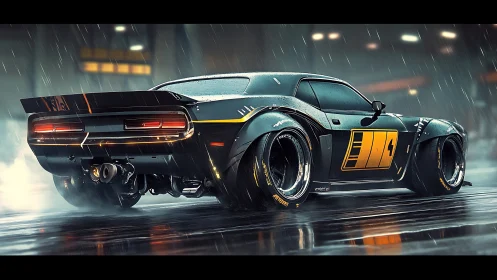 Modified racing car on wet track in night rain conditions.