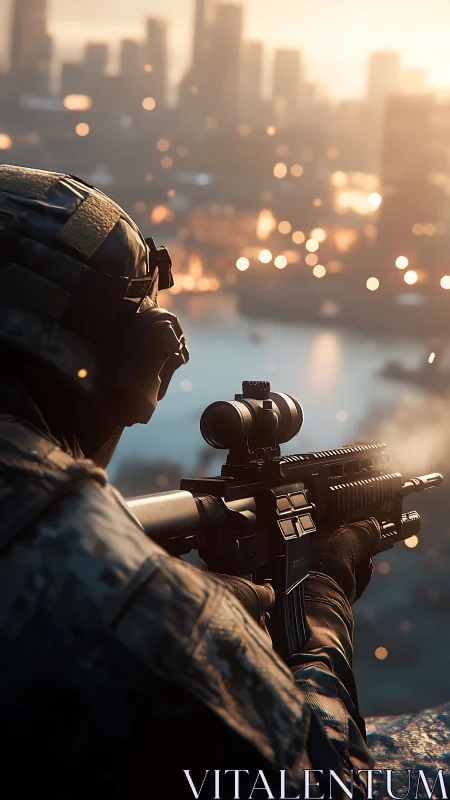 Soldier holds rifle overlooking blurred city at sunset