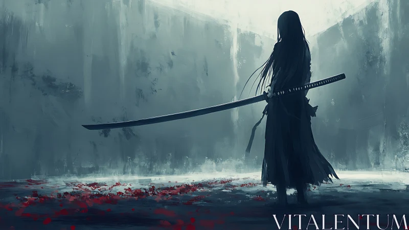 Solitary swordsman stands in misty arena with bloodstains.