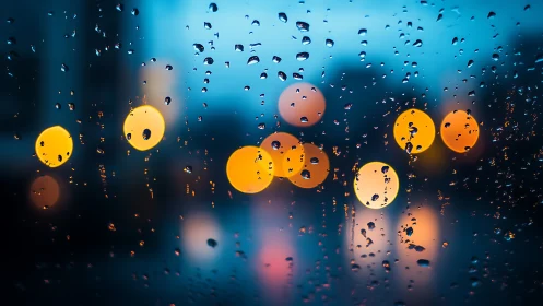 Raindrop window dreams with city lights softly glowing.