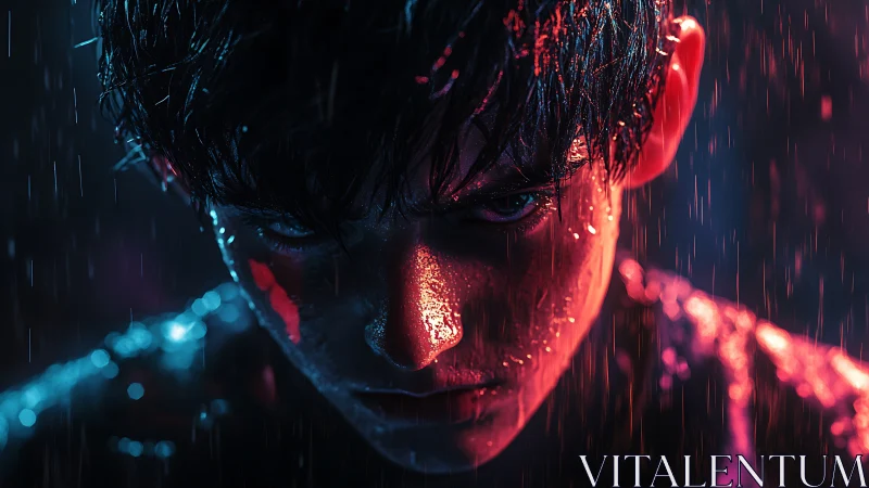 Neon rain chisels a fierce gaze from the stormlit youth