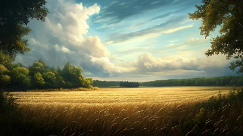 Sunlit cereal field under cumuliform sky dynamics at horizon.