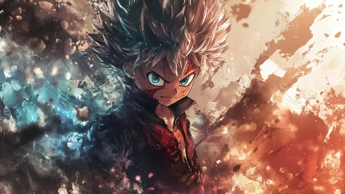 Fiery anime warrior stands defiant amid swirling chaos