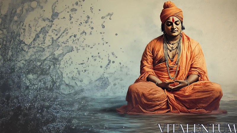 Meditating monk in orange robes contrasts dynamic water splash