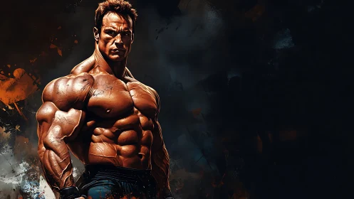 Hyper-real digital study of a muscular male bodybuilder in chiaroscuro