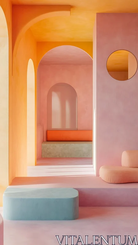 Minimal geometric corridor with warm orange and cool blue accents.