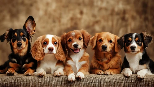 Five small dogs sit aligned against a neutral studio backdrop