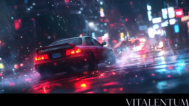Midnight drift dance in neon rainfall and mirror-slick streets.