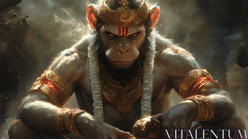 Regal warrior monkey resting in a storm of golden light.