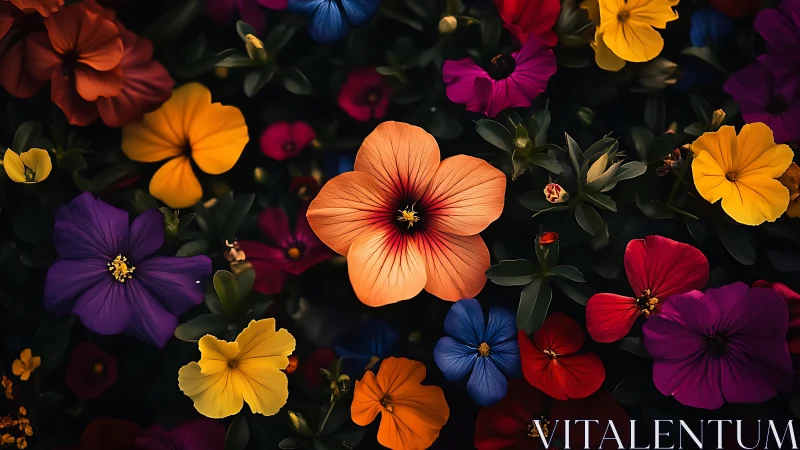 Dense floral arrangement with multiple colored blooms against dark foliage background