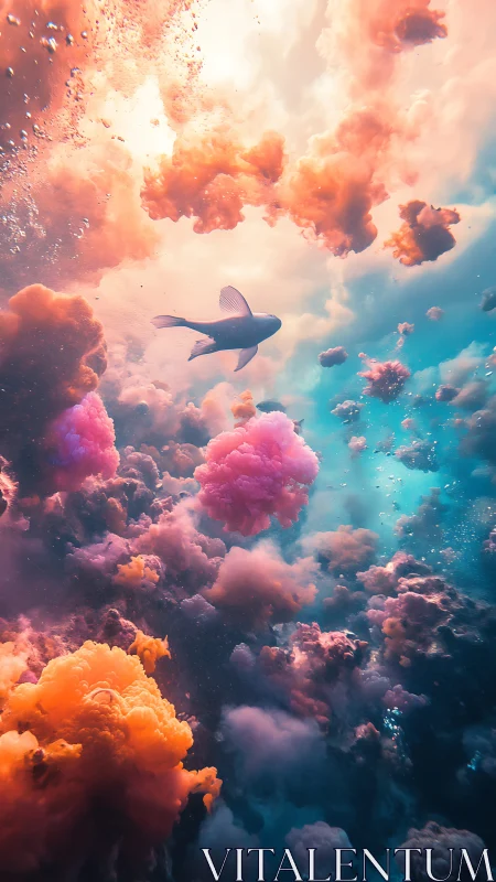 Surreal fish gliding through neon clouds underwater dreamscape.