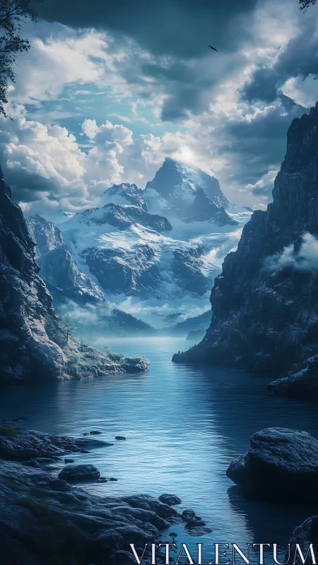 Snow-crowned peaks above a quiet misty mountain fjord.