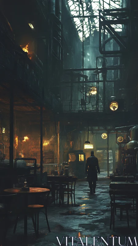 Industrial atrium caf&eacute; under corroded steel gantries at dusk.