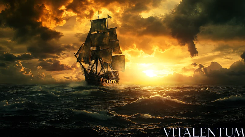Storm-kissed galleon chasing molten horizons at dusk.