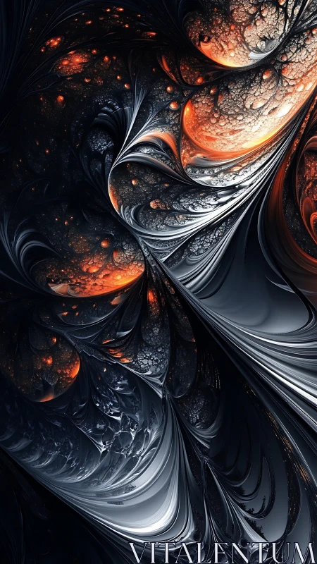 Fractal magma filaments in turbulent metallic vortex field.