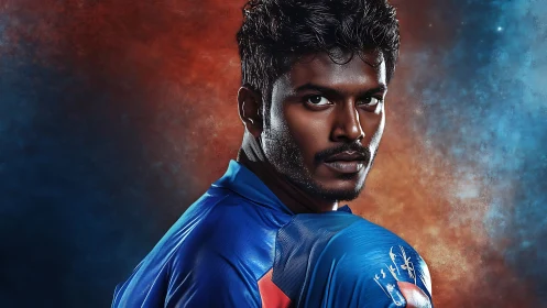 Dynamic digital portrait of male athlete in blue jersey