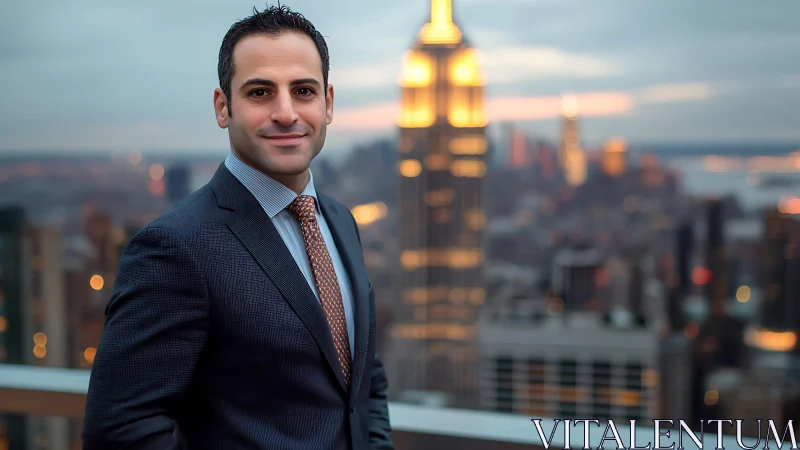 Confident businessman standing on New York rooftop at dusk.