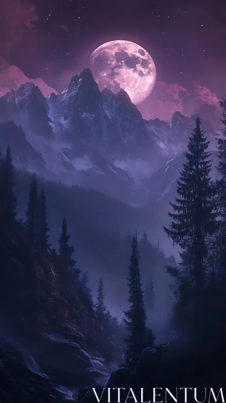 Moonrise over violet peaks in a mist-drowned evergreen valley.