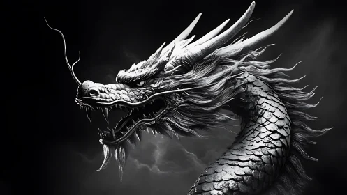 Silver dragon head rendered in high contrast monochrome