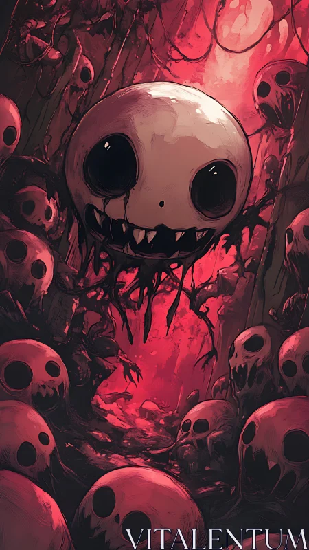 Grotesque skull swarm within crimson nightmare cavern.