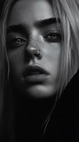 Monochrome freckled portrait with piercing gaze and shadow