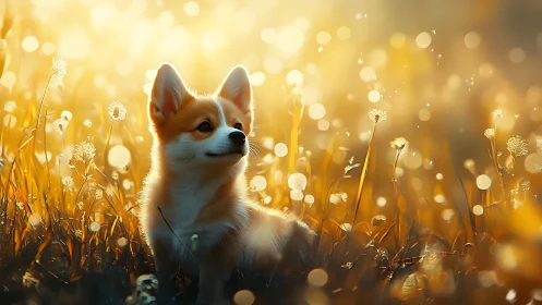 Gentle corgi enjoys golden evening light in a dreamy meadow