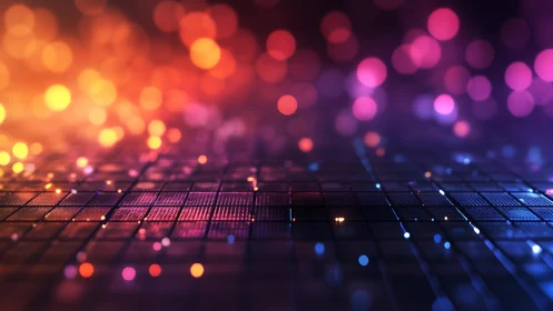 Futuristic Digital Grid with Colorful Bokeh Lights, Abstract Style.