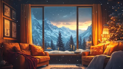 Cozy winter cabin living room glowing before snowy peaks.