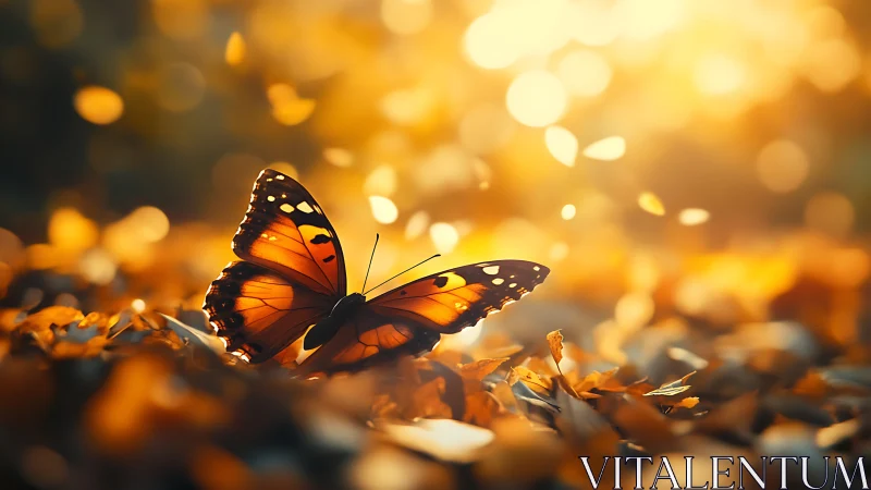 Monarch butterfly glows in golden autumn forest light.