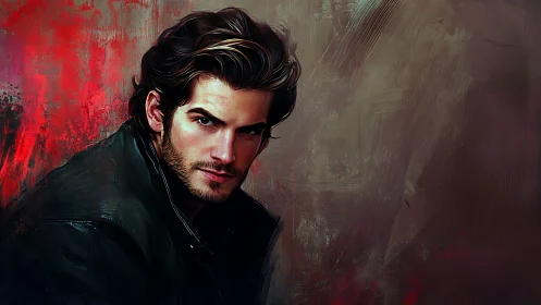 Storm-lit gaze carves quiet drama from crimson shadowed air