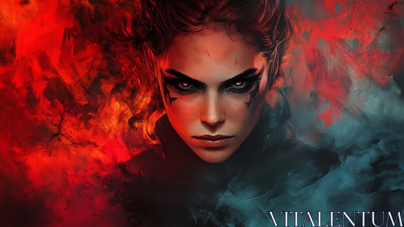 Digital portrait shows central face framed by red and blue haze