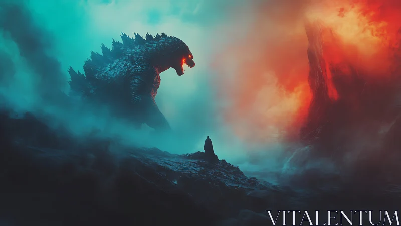 Colossal beast confronts lone figure in split elemental storm.