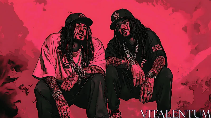 Urban duo portrait in red monotone graphic streetwear styling.