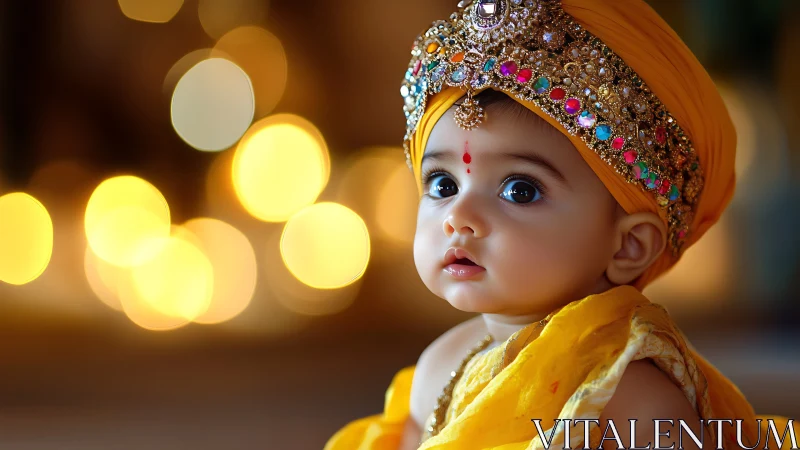 Golden-glow baby portrait in jeweled festive turban.
