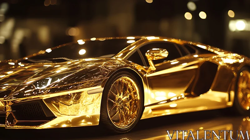 Golden supercar reflects warm bokeh lights in luxury studio