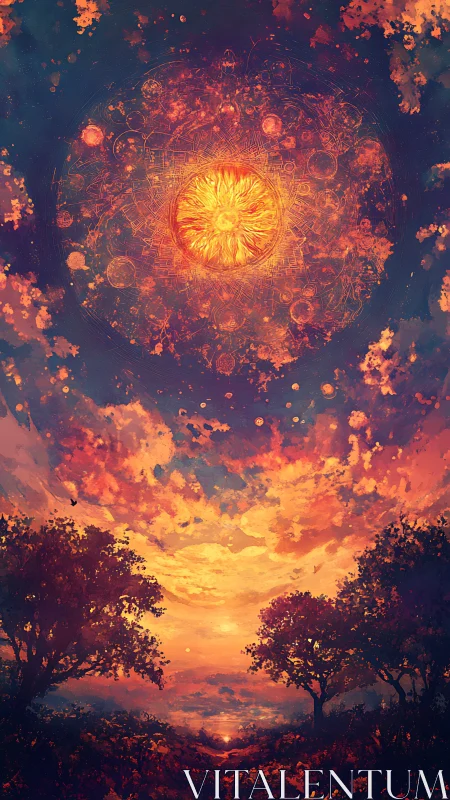 Celestial mandala sun igniting a luminous dreamscape sky.