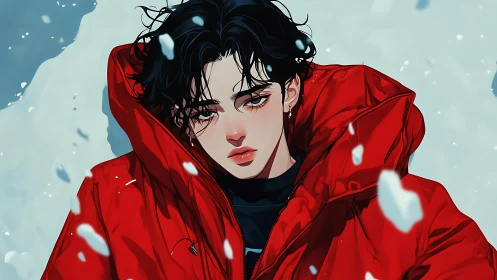 Young person in red parka lying on snow, anime style.