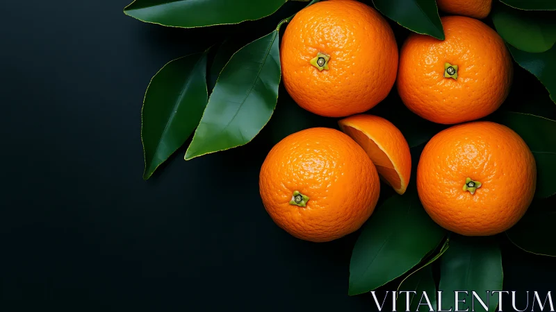 Sunlit oranges resting on deep green leaves in calm contrast.