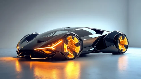 Futuristic hypercar in glassy studio with neon orange luminescence.