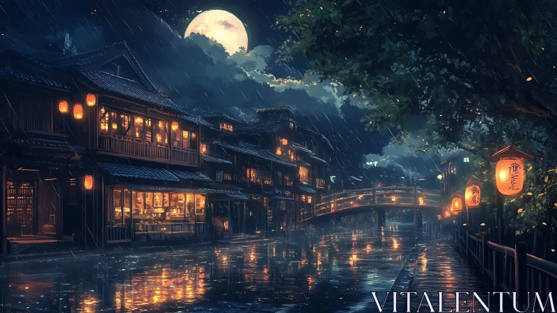 Digital painting of rainy lantern-lit riverside street at night.