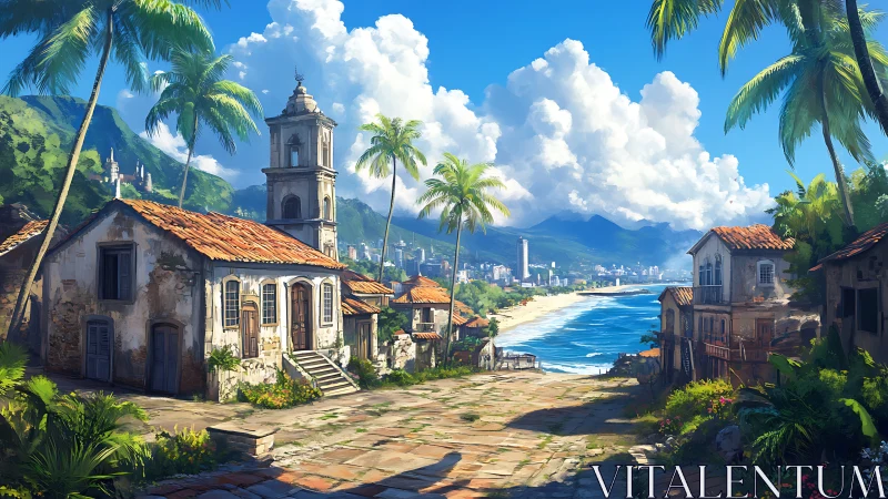 Colonial settlement overlooking coastal city with mountains.